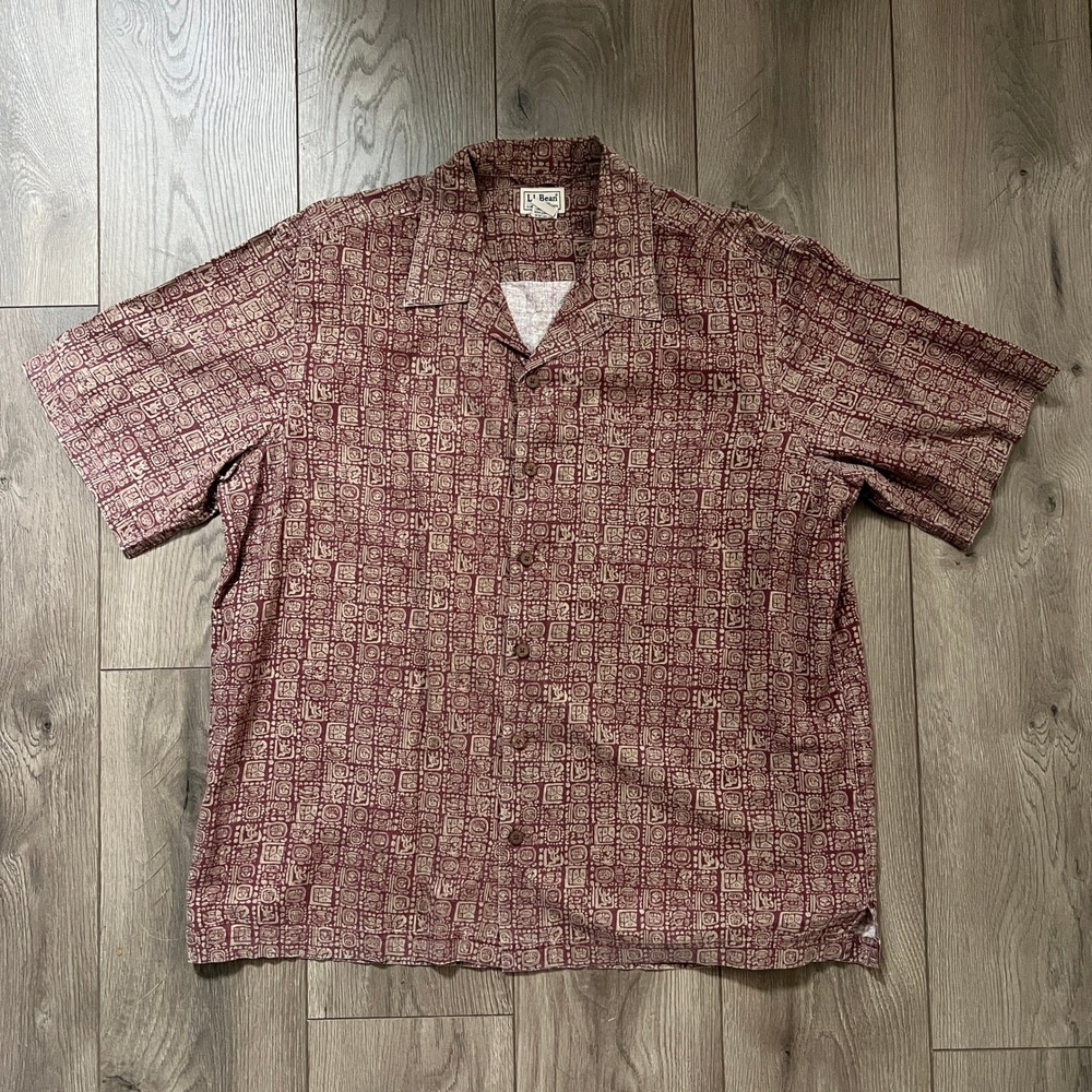 LL Bean Mens Large Burgundy Aztec Mayan Calendar Print Cotton Camp Shirt 251082